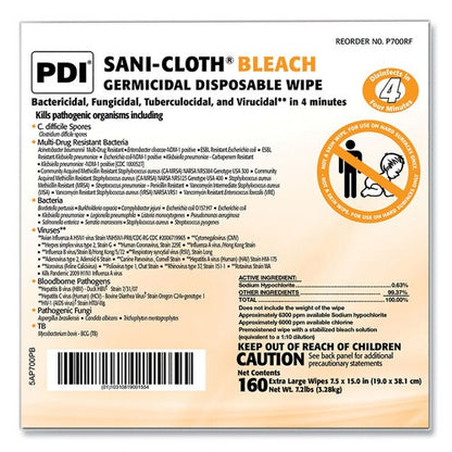 PDI Sani-Cloth Bleach Germicidal Disposable Wipe Refill, 1-Ply, 7.5 x 15, Unscented, White, 160/Bag, 2 Bags/Carton